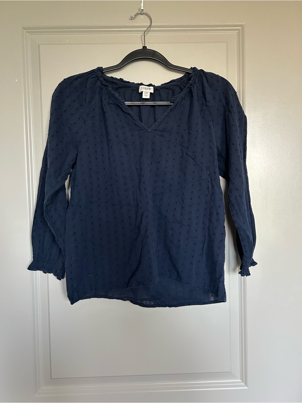 J. Crew Navy 100% Cotton Swiss Dot Puff Sleeve Peasant Blouse